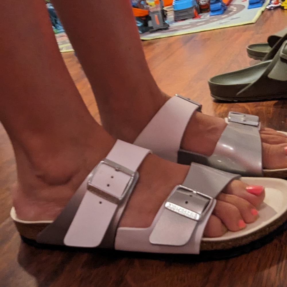 BIRKENSTOCK ARIZONA SPLIT BIRKO-FLOR NARROW SLIDE SANDAL (WOMEN) - WHITE /SILVER